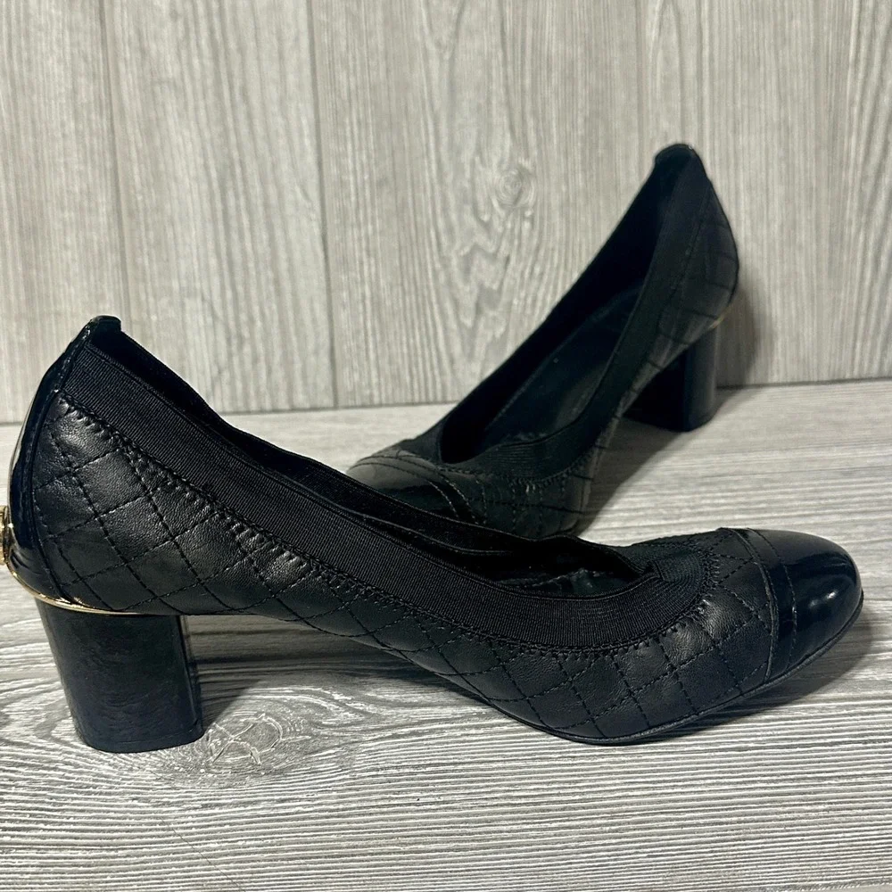 Tory Burch Black‎ Quilted Leather Block Heel Pumps Carrie Cap Toe Logo Womens 9M
